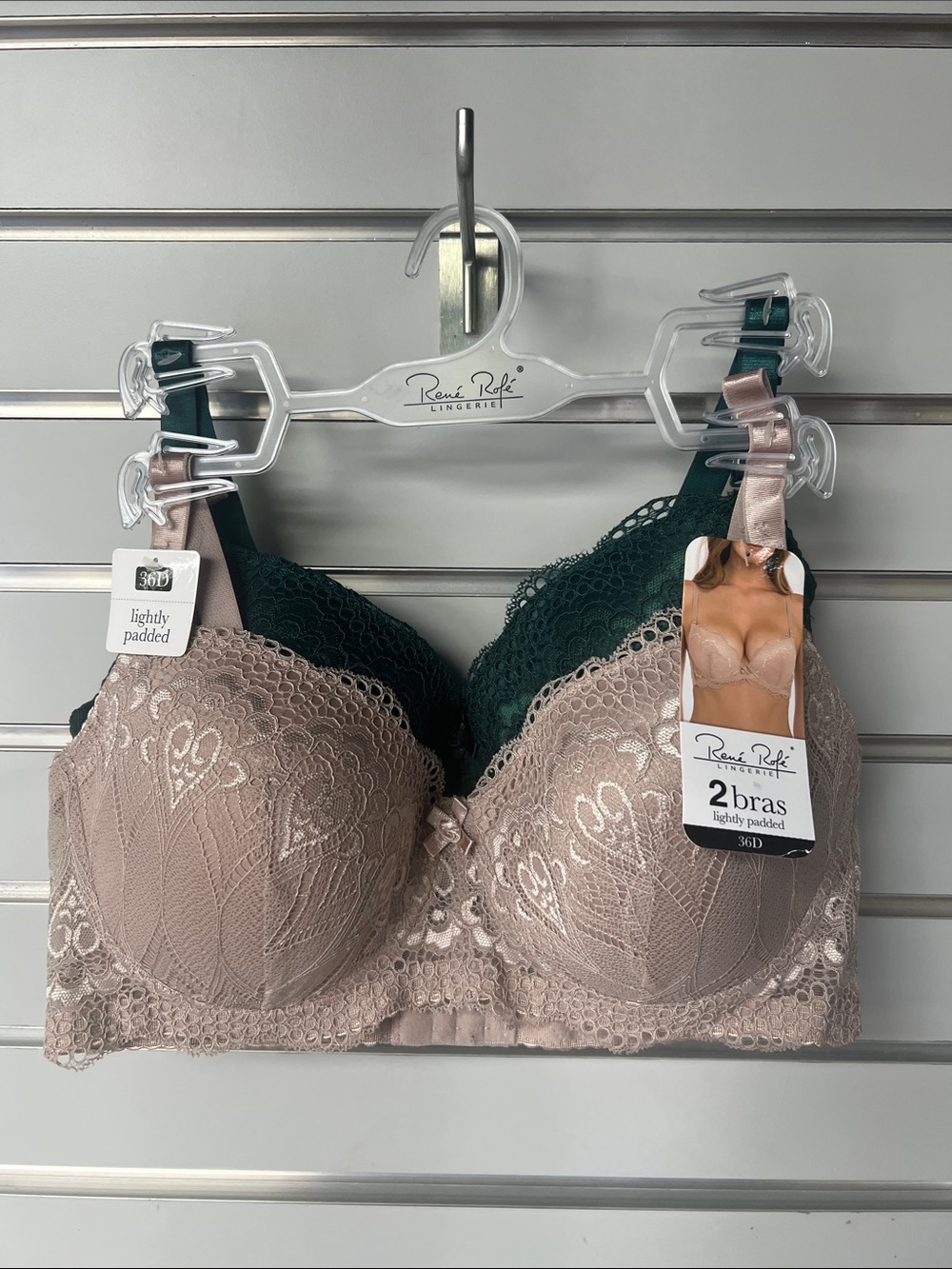 Rene Rofe Lace Lightly Padded Bra Duo - Taupe & Forest Green